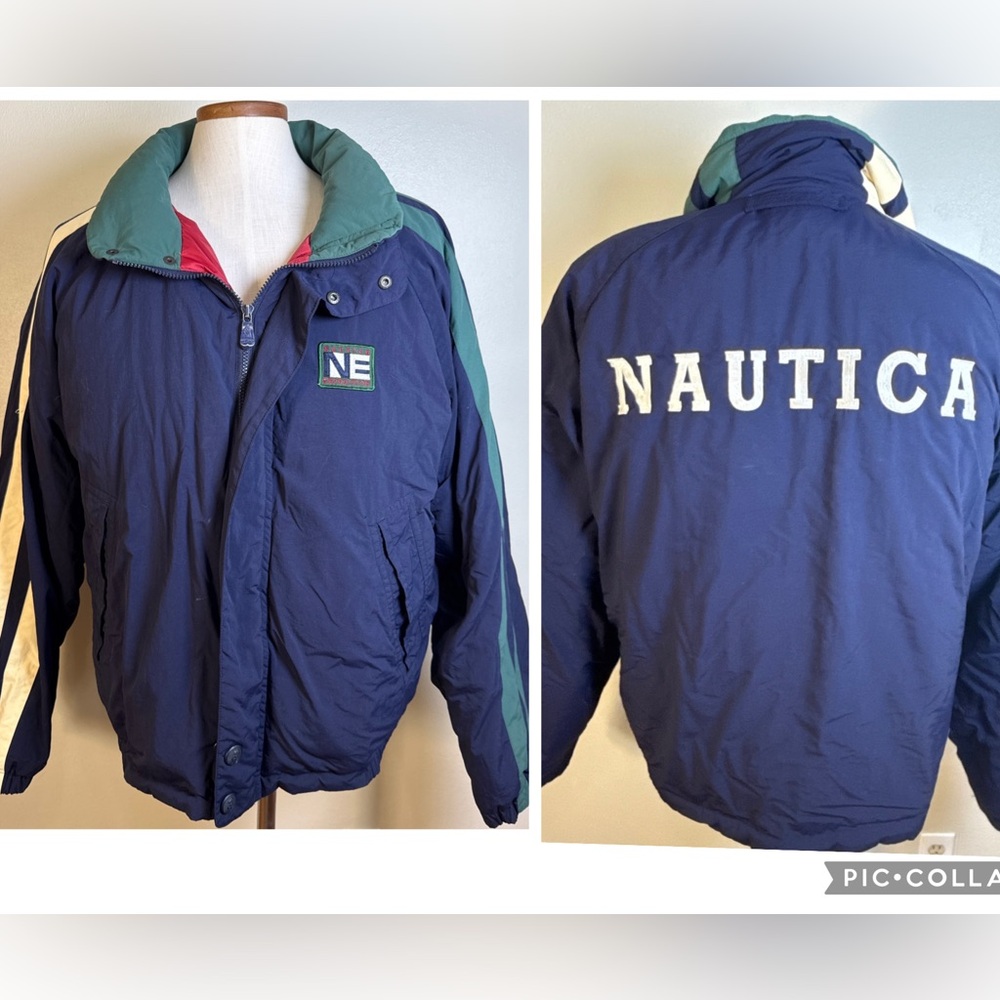 Nautica Down Puffer Jacket Mens XL 90s Spellout Y2K Ski Coat Colorblock